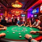 Players strategizing at a poker table in a casino, 88AA promotions displayed nearby.