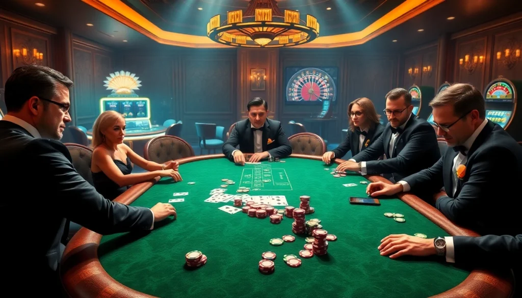 Experience giải mã nhà cái through an elite poker table scene filled with players, chips, and cards.