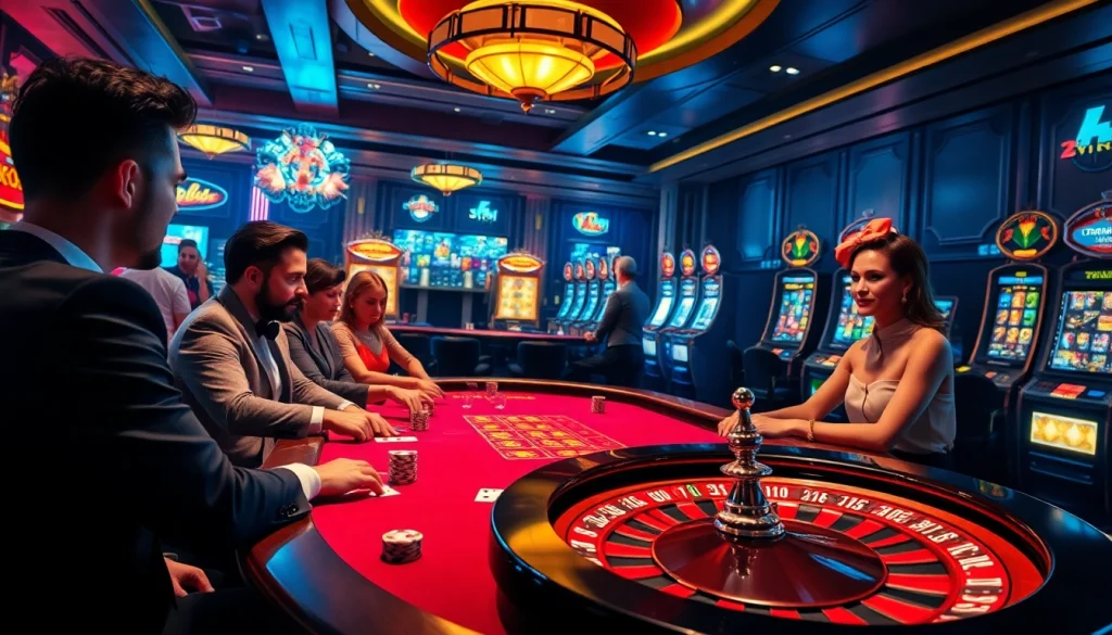 Experience the thrilling ambiance at https://79kingc2.com/ with a high-stakes poker game featuring polished chips and vibrant slot machines.