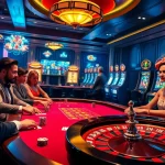 Experience the thrilling ambiance at https://79kingc2.com/ with a high-stakes poker game featuring polished chips and vibrant slot machines.