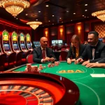 Experience the thrill of AAAJILI Casino with players strategizing at a poker table amidst captivating slot machines.