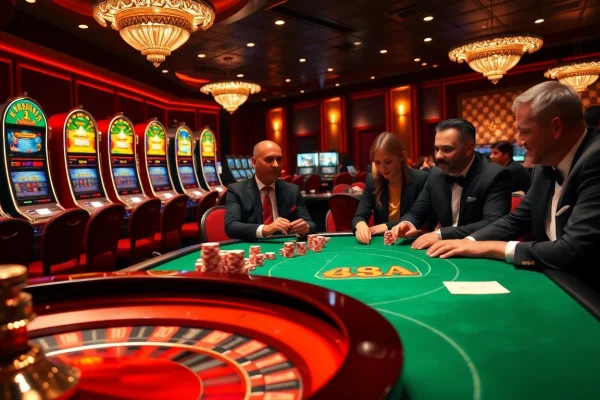 Experience the thrill of AAAJILI Casino with players strategizing at a poker table amidst captivating slot machines.