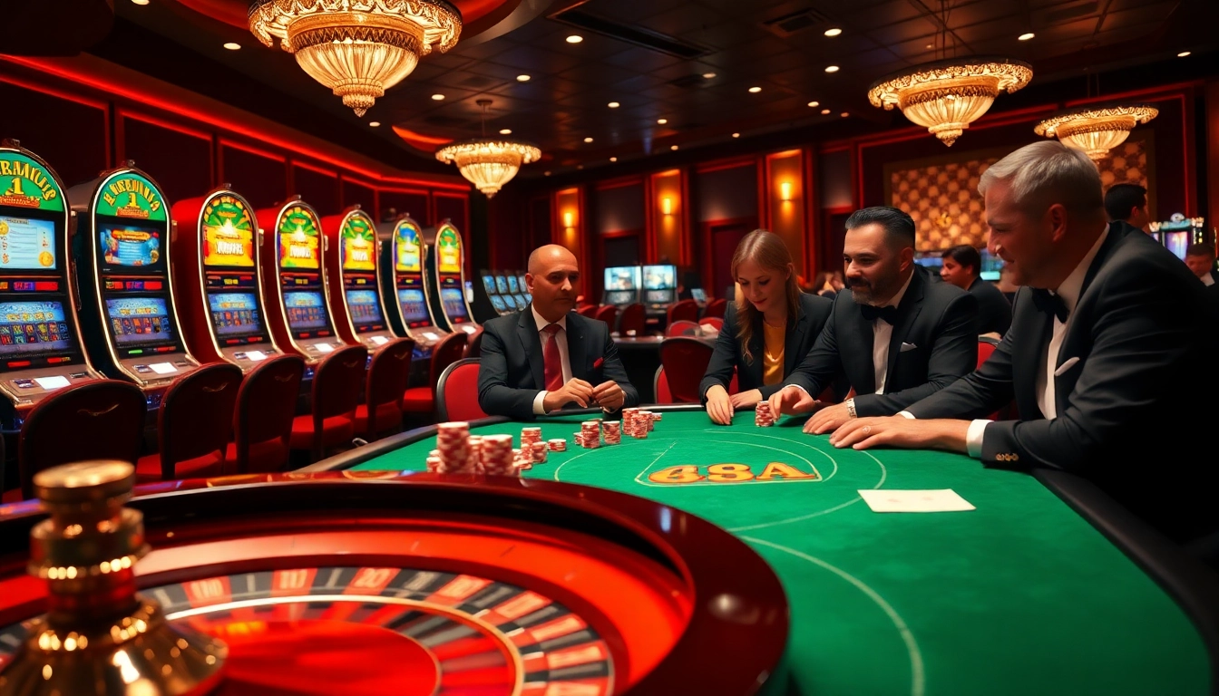 Experience the thrill of AAAJILI Casino with players strategizing at a poker table amidst captivating slot machines.