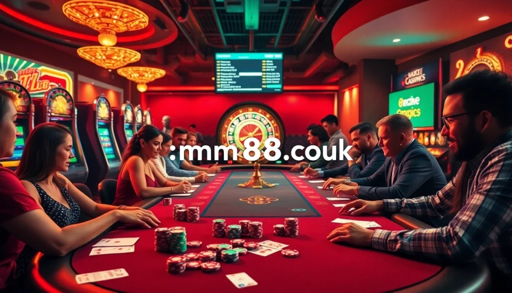 Experience the thrill of poker at https://mm88.co.uk/ with vibrant colors, excitement, and players enjoying the game.