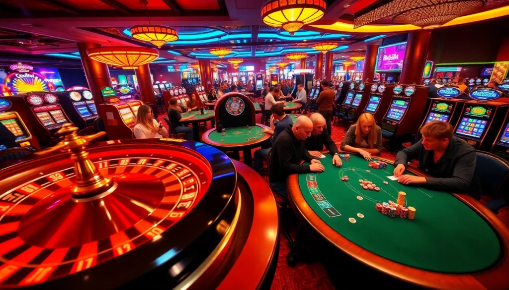 88AA casino players eagerly engaging at poker tables under vibrant lights.