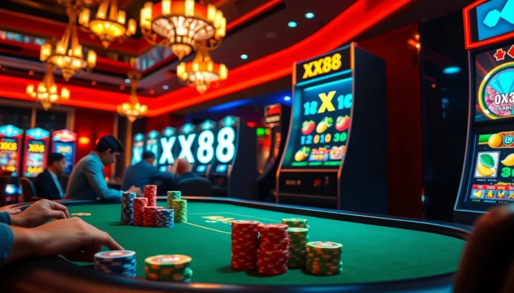 Experience the excitement of XX88 as players enjoy a thrilling poker game surrounded by vibrant casino elements.