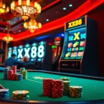 Experience the excitement of XX88 as players enjoy a thrilling poker game surrounded by vibrant casino elements.
