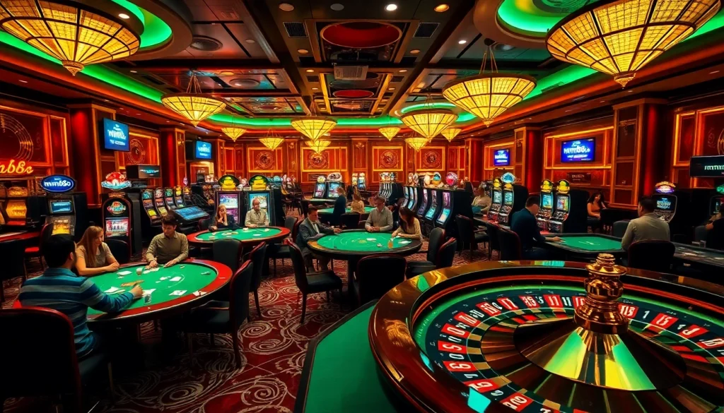 A lively casino scene at https://mm88.com.se/, showcasing intense poker action and a spinning roulette wheel amidst vibrant decor.