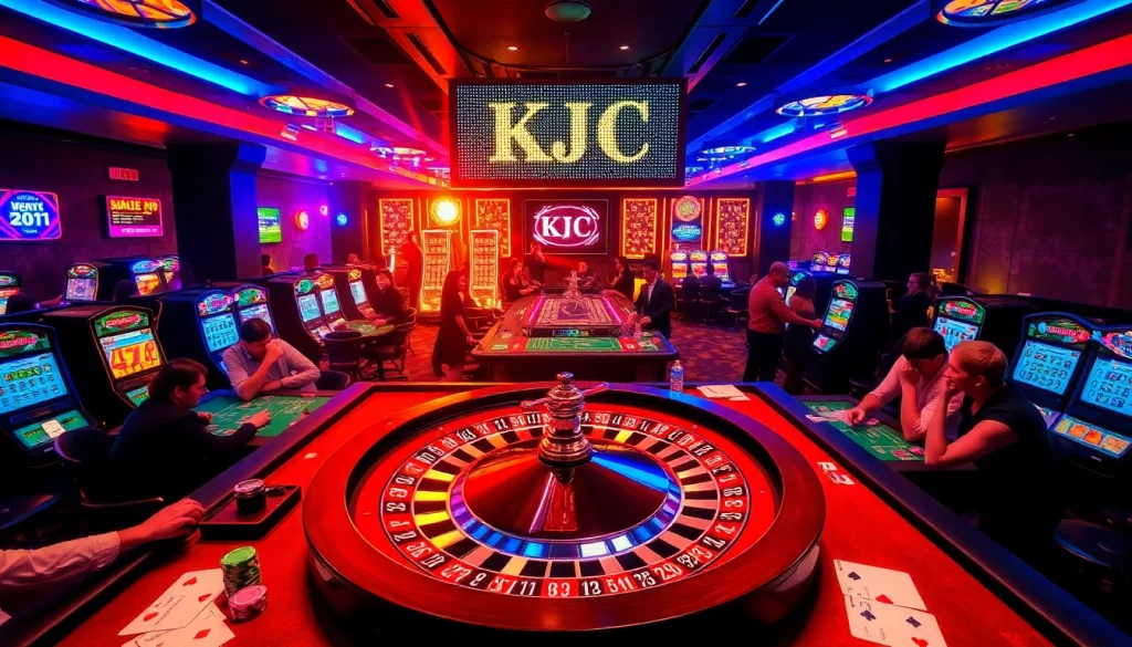 KJC Casino scene with players at a roulette table, poker chips, and vivid slot machines.