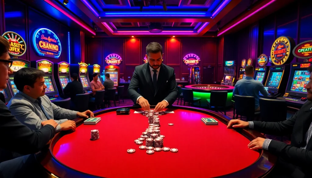 Experience Khuyến Mãi PG88 excitement at a vibrant poker table filled with eager players and flashing slot machines.