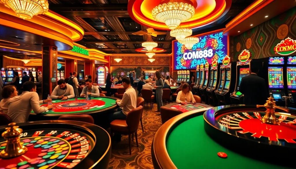Experience the thrill of gambling at cm88's vibrant casino floor with poker games, roulette, and colorful slot machines.