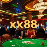 Exciting casino scene with players around the table featuring xx88 poker chips and vibrant slot machines.