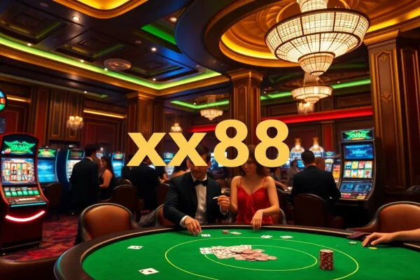 Exciting casino scene with players around the table featuring xx88 poker chips and vibrant slot machines.
