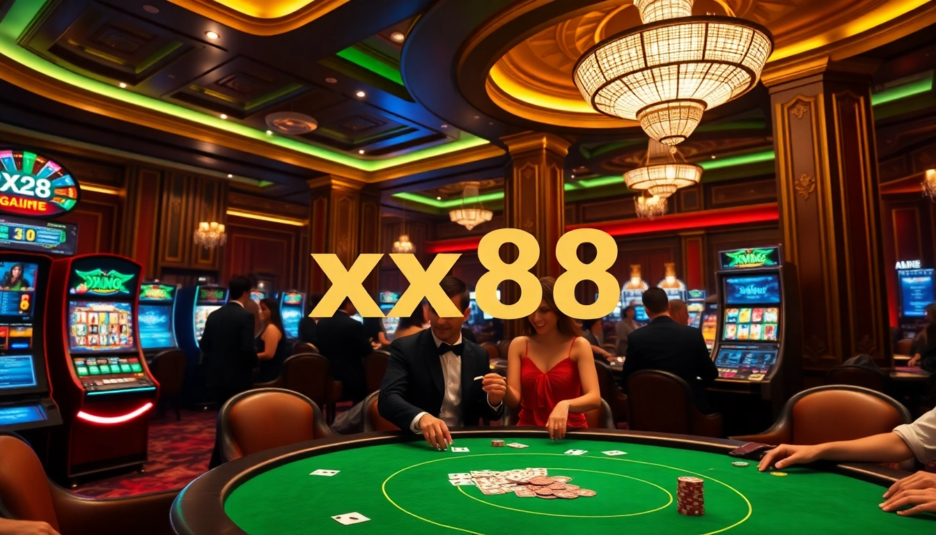 Exciting casino scene with players around the table featuring xx88 poker chips and vibrant slot machines.