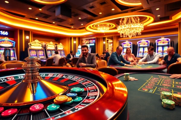 Feel the thrill of the C168 gaming experience at a luxurious casino filled with roulette wheels and excited players.