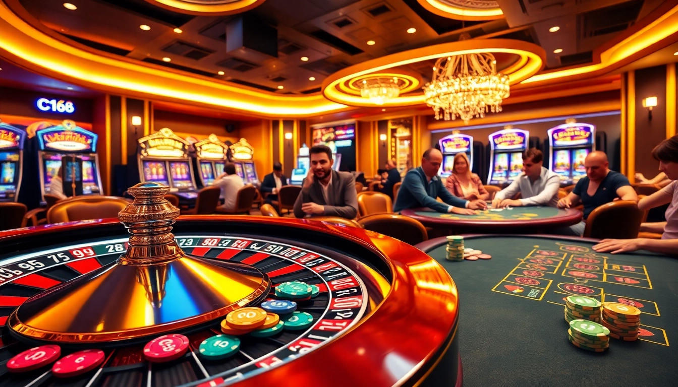 Feel the thrill of the C168 gaming experience at a luxurious casino filled with roulette wheels and excited players.