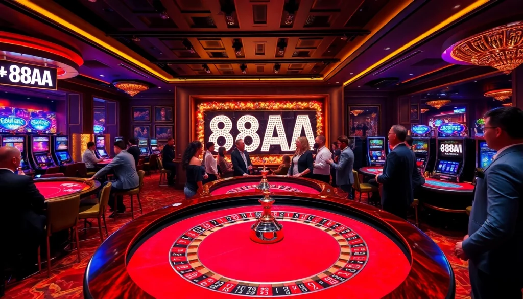 88AA casino scene with roulette table and excited players celebrating wins.