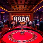 88AA casino scene with roulette table and excited players celebrating wins.