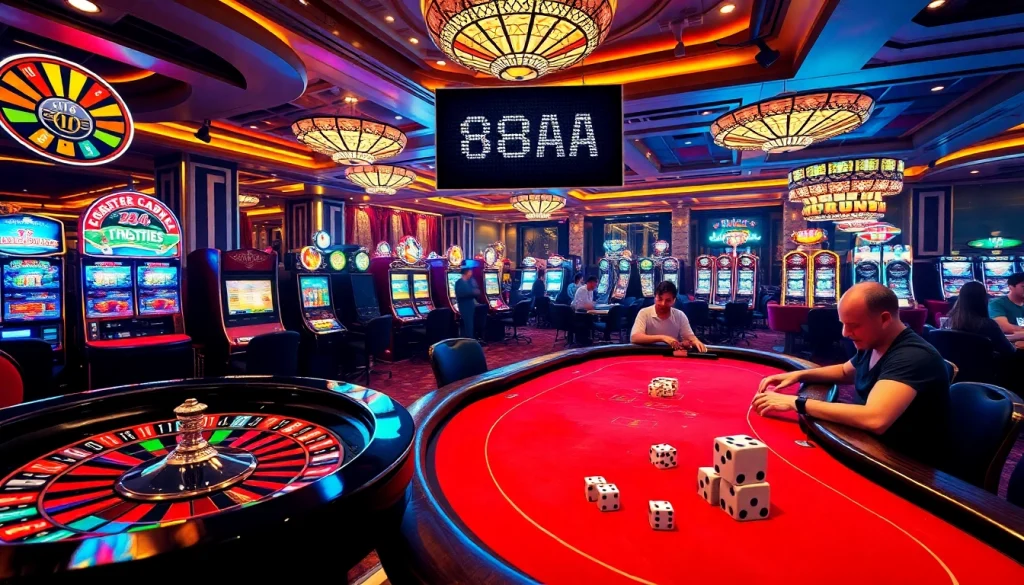 Exciting casino scene featuring 88AA poker players at high stakes and vibrant roulette games.
