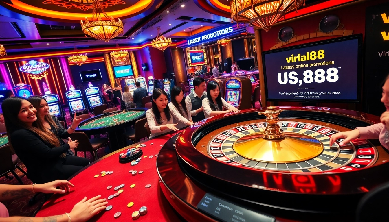 Viral88 promotes excitement at a thrilling roulette table, with colorful chips and engaging players in action.