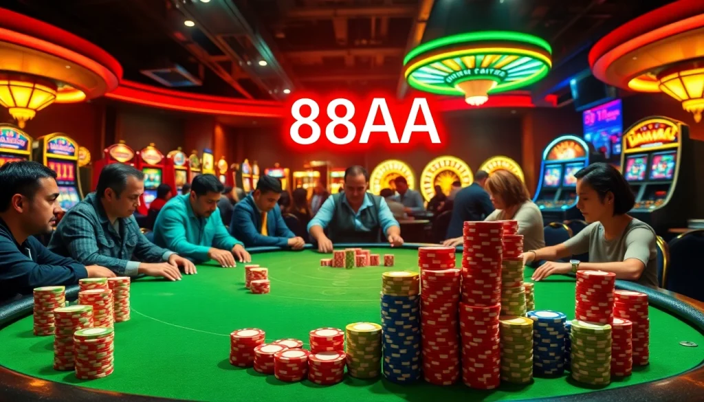 Experience the thrill of 88AA at a vibrant poker table, filled with colorful chips and an engaging atmosphere.