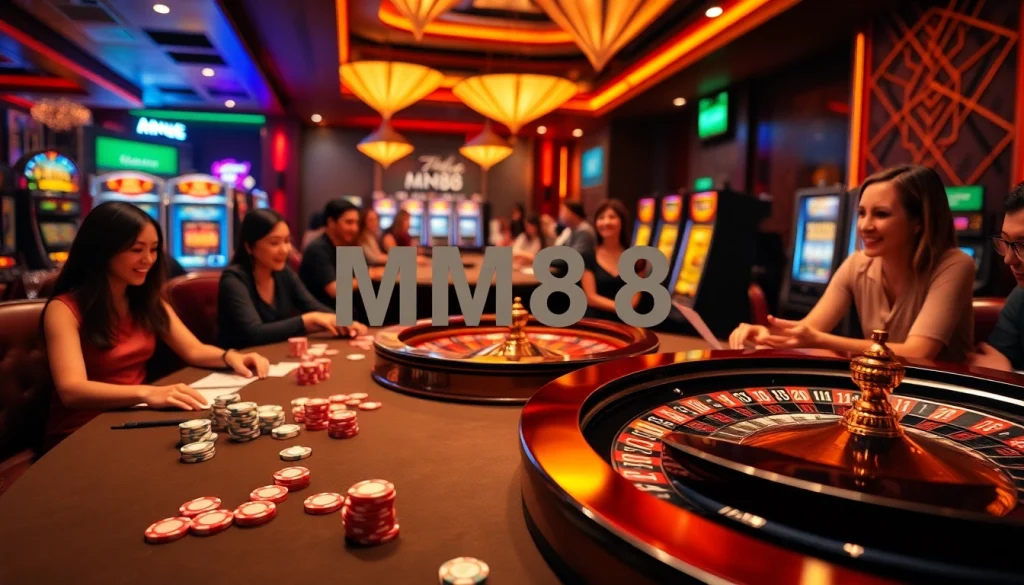 MM88 players enjoying an exciting poker game at a luxurious casino table adorned with colorful chips and cards.