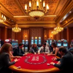 The lively poker table scene at https://98win9.dev/ showcases thrilling gambling action with dealers and players in a luxurious casino setting.