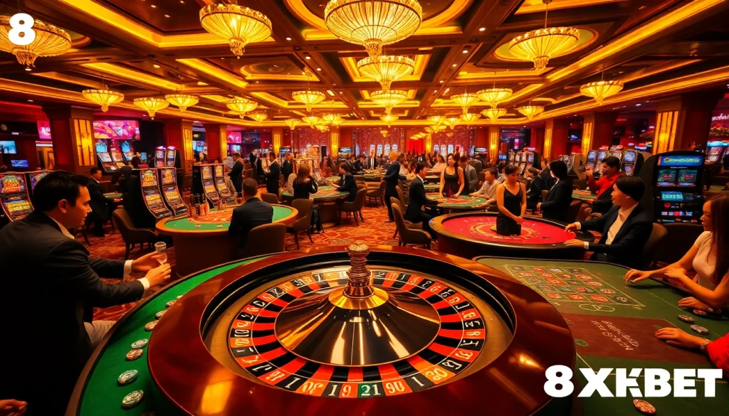 Experience the thrill of winning at Nhà Cái 8XBET in a vibrant casino setting filled with roulette, poker, and lively players.