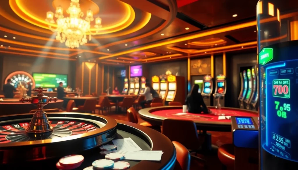 gamblers enjoying the thrilling atmosphere at 13win's online casino interface with vibrant tables and slot machines.