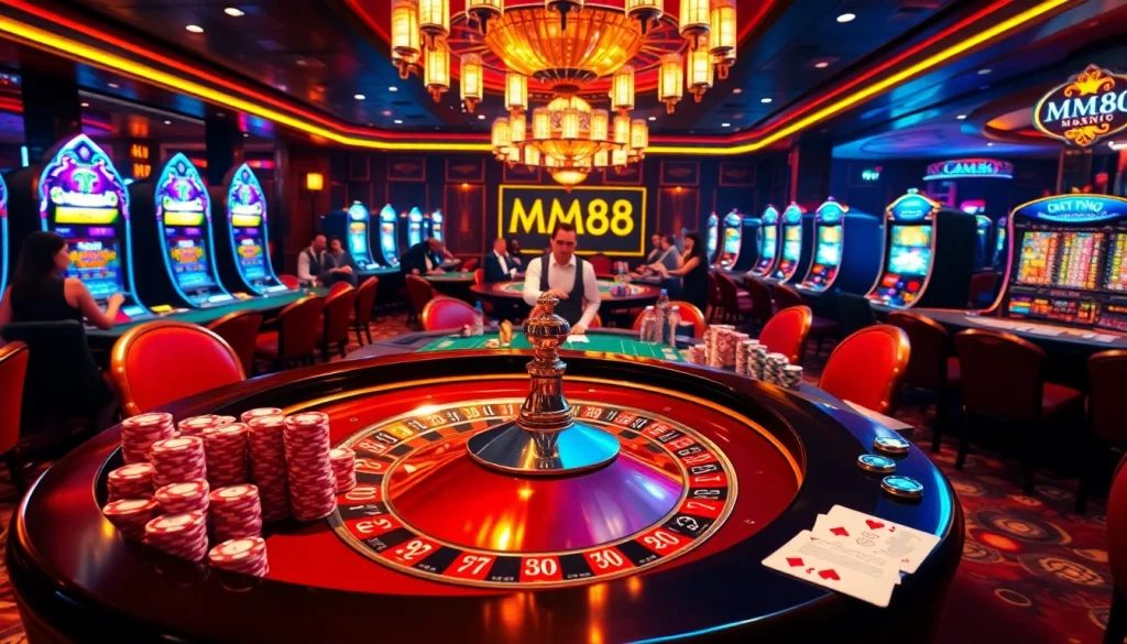Players celebrate their wins at MM88's vibrant casino, filled with roulette tables and slot machines.