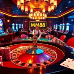 Players celebrate their wins at MM88's vibrant casino, filled with roulette tables and slot machines.