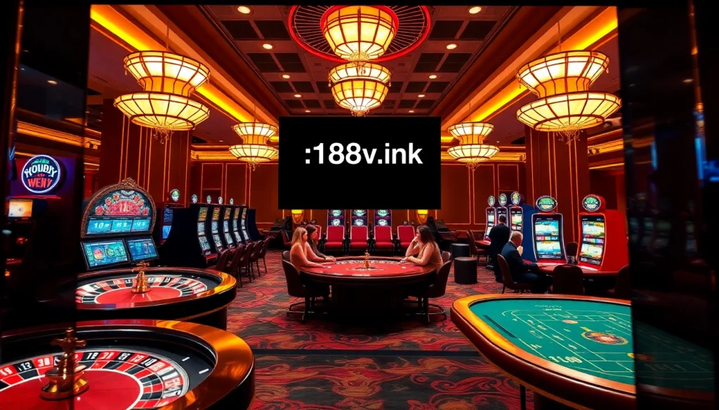 Experience high-stakes gambling at https://188v.ink/ with a luxurious casino ambiance featuring roulette wheels and poker tables.