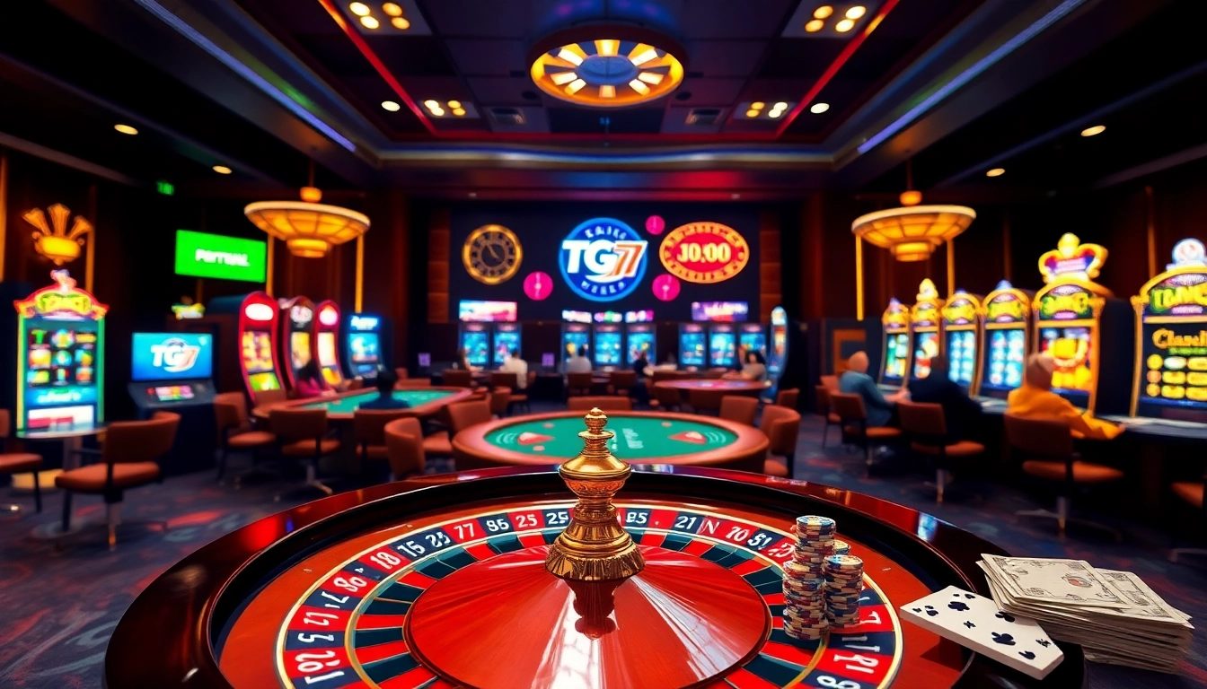 Experience the excitement of TG777 PH online casino gaming with roulette, cards, and vibrant slot machines.