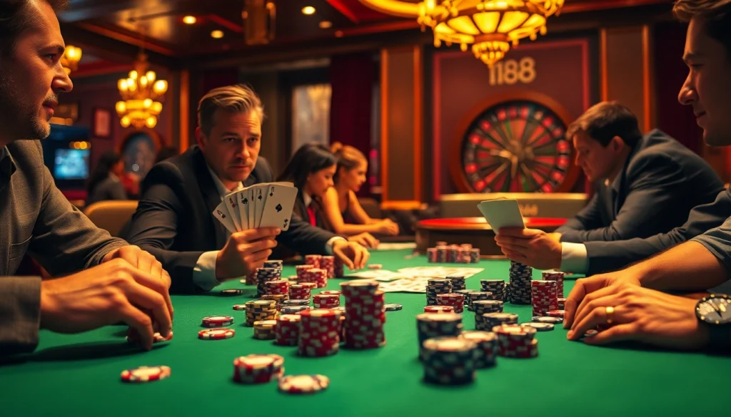 Experience the thrill of a poker game at neu88, with vibrant casino lighting and colorful chips enhancing the atmosphere.