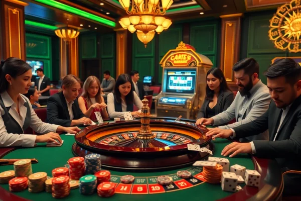 Experience the thrill of xocdia88 in a vibrant casino scene with players at a roulette table.