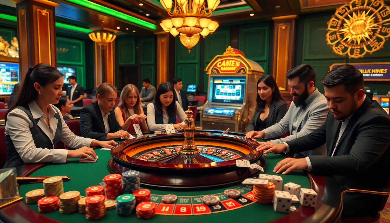 Experience the thrill of xocdia88 in a vibrant casino scene with players at a roulette table.