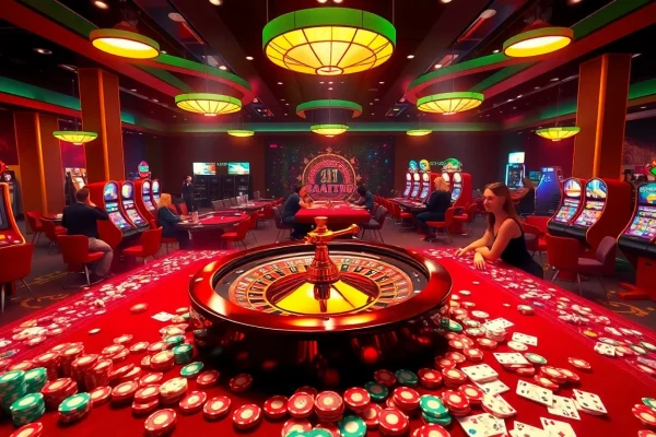 Players enjoying the thrill of live dealer games at U888 Casino, with vibrant slot machines and roulette wheels.