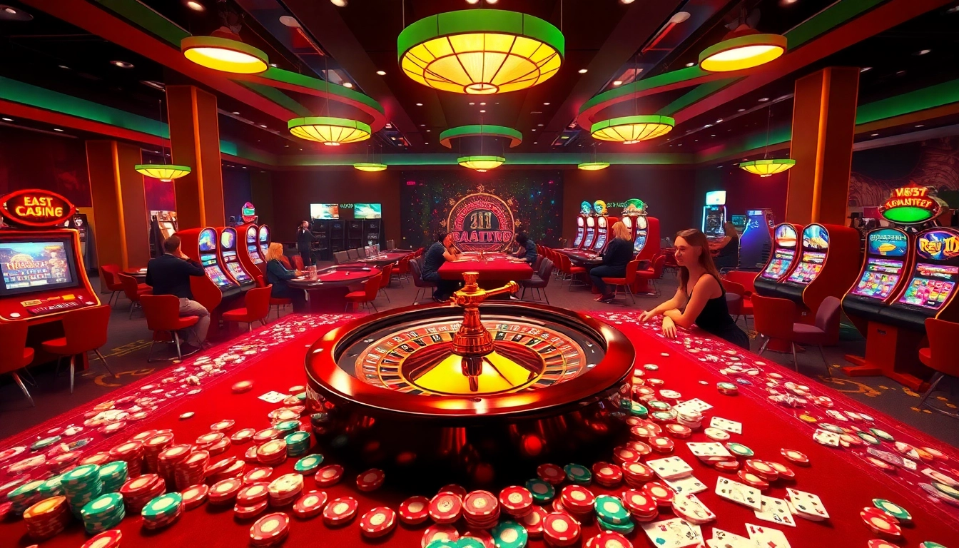 Players enjoying the thrill of live dealer games at U888 Casino, with vibrant slot machines and roulette wheels.