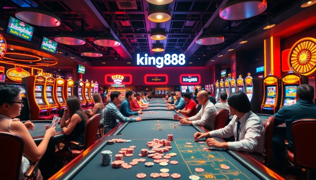 Players enjoying high-stakes games at king88 casino with vibrant slot machines and poker tables.