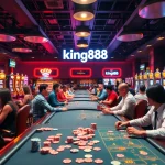 Players enjoying high-stakes games at king88 casino with vibrant slot machines and poker tables.