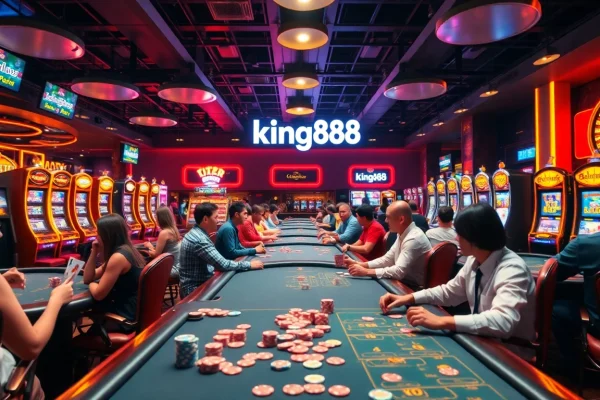 Players enjoying high-stakes games at king88 casino with vibrant slot machines and poker tables.
