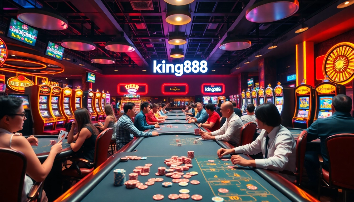Players enjoying high-stakes games at king88 casino with vibrant slot machines and poker tables.