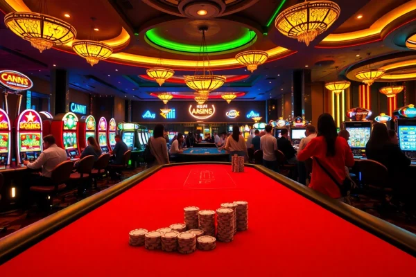 Experience AAAJILI Casino's thrilling games with vibrant slot machines, poker tables, and excited players.