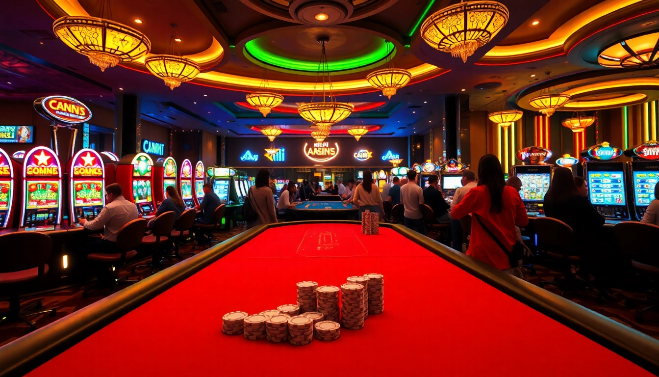 Experience AAAJILI Casino's thrilling games with vibrant slot machines, poker tables, and excited players.
