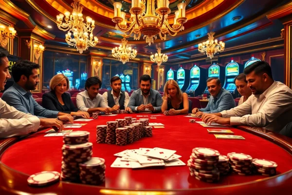 Experience the thrill of poker at https://f8beta2.me/: intense competition at a luxury casino with vibrant chips and cards.