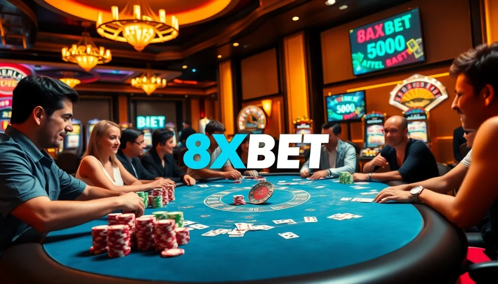 Experience the thrill of 8XBET with vibrant casino games and players at a high-stakes poker table.