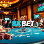 Experience the thrill of 8XBET with vibrant casino games and players at a high-stakes poker table.