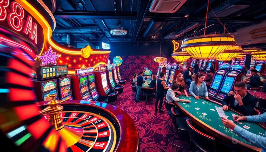 88AA casino atmosphere showcasing thrilling roulette, exciting poker games, and vibrant slot machines.
