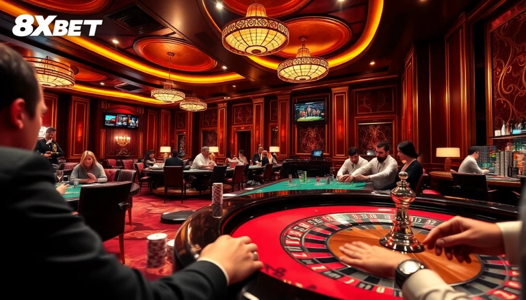 Engaged gamers enjoying a thrilling casino experience with 8XBET's online betting interface, showcasing poker and roulette.