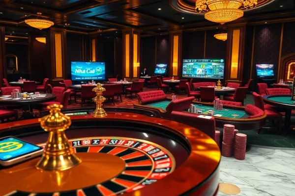 Engage with exciting Nha Cai F168 gaming at a luxurious casino, featuring vibrant roulette tables and interactive betting interfaces.